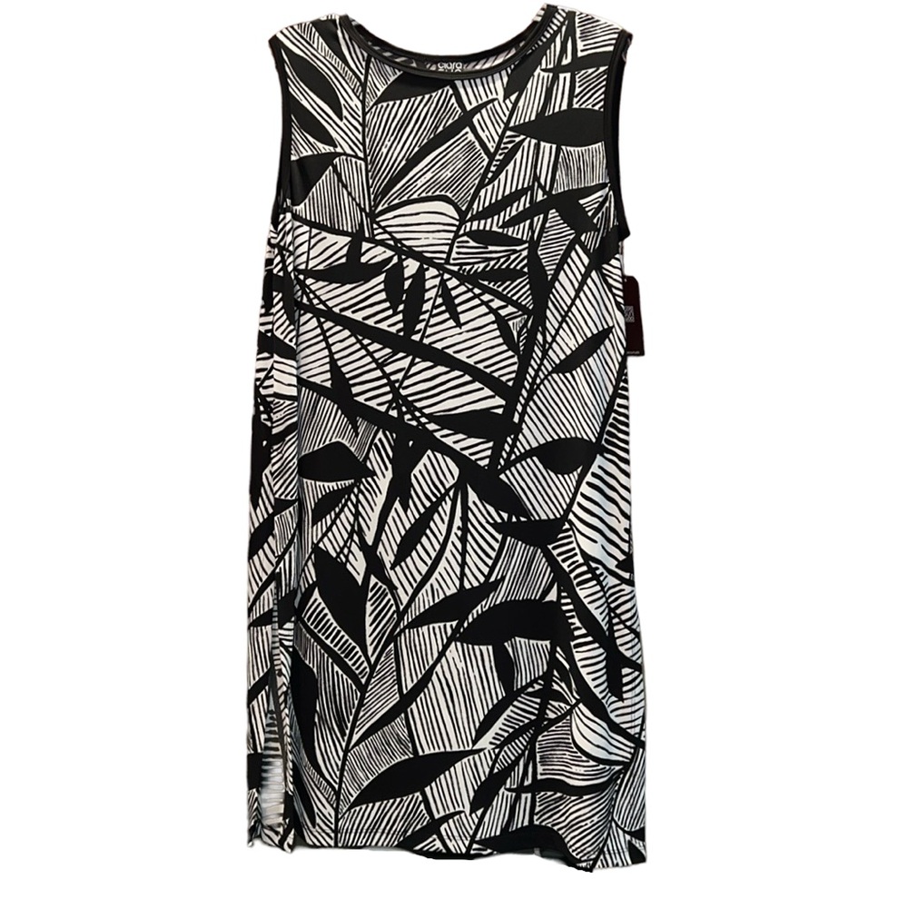 Clara Sun Woo Black White Leaf Print Sleeveless Dress Size Medium Knee Length